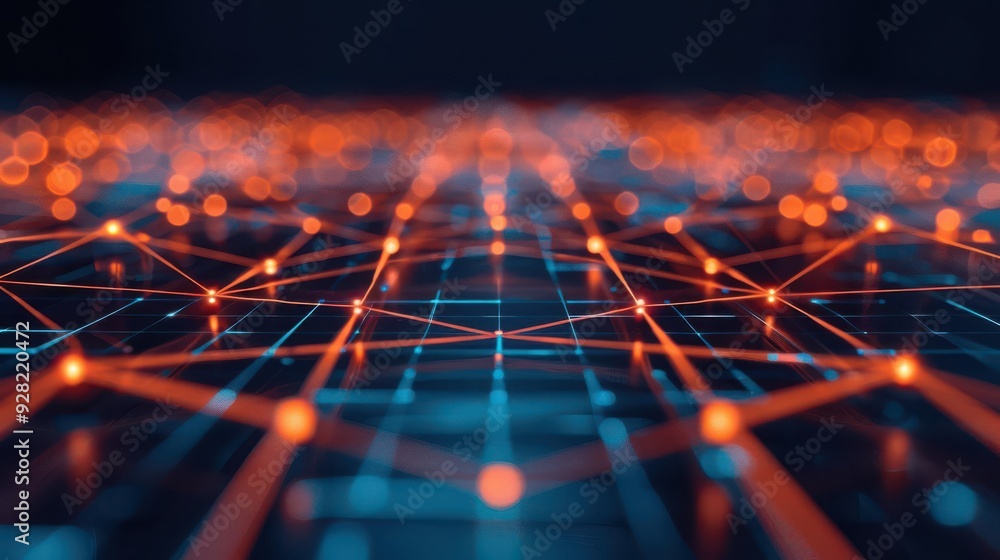 Poster abstract technology background featuring glowing lines and dots, representing digital connections an