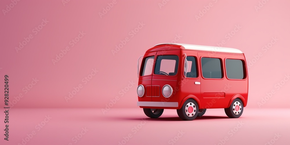Poster red cartoonish bus on a pink background with ample space for text.