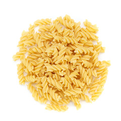 Raw pasta Fusilli isolated on white background. Raw and Dry Macaroni. Italian Culture.