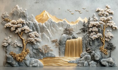 Volumetric stucco molding on a concrete wall with golden elements, Japanese landscape, waterfall, mountains, sakura, Generative AI