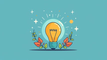 A vibrant light bulb surrounded by colorful leaves and sparkles, symbolizing creativity and inspiration in a fresh design.