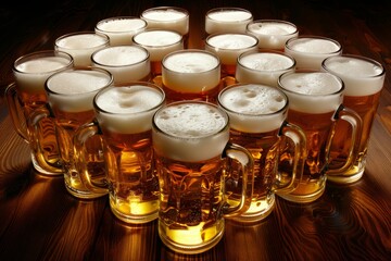Assorted lager glasses on table in pub   top view displaying various sizes and frothy beer