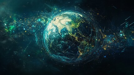 A blue and green Earth globe with glowing lines and points of light surrounding it, set against a dark background.