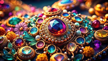 Vibrant, abstract macro shot of intricately detailed jewelry pieces, showcasing mesmerizing textures, luxurious metals, and sparkling gemstones against a dark, velvety background.