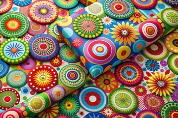 Vibrant, multicolored wrapping paper features a playful, repetitive pattern of concentric shapes, adding a festive touch to gifts and presentations with its lively, eye-catching texture.