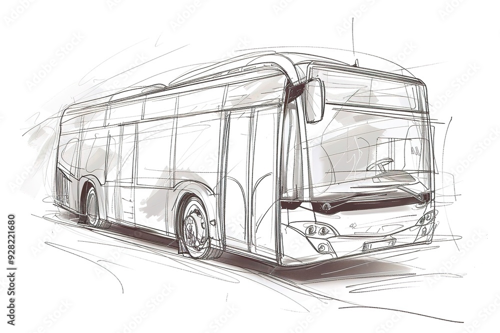 Poster sketch of a modern bus in motion, suggested by dynamic lines and shading.