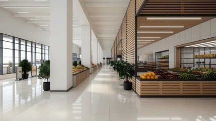 Modern interior of a supermarket featuring fresh produce and sleek design, perfect for showcasing grocery shopping environments.