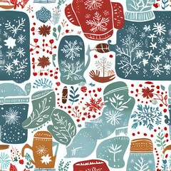 Fototapeta premium Seamless Pattern: Christmas Winter Floral Patchwork Textile Design