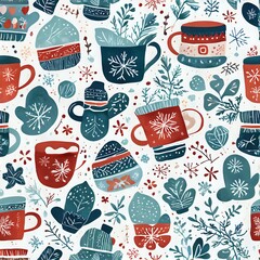 Seamless Pattern of Christmas-themed Mugs and Cups