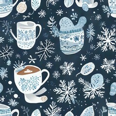 Seamless Pattern: Festive Mugs, Cups and Coffee Art