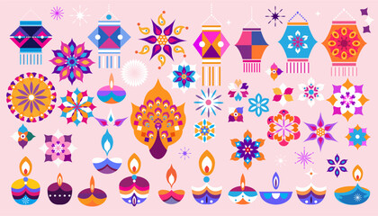 Traditional Indian festival Diwali. Happy Festival of lights Deepavali Template  set icons for banner, poster, greeting card Festive Burning diya graphic design background Vector abstract illustration