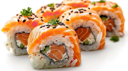 A close-up of a fresh salmon sushi roll garnished with herbs and seeds, presented on a white background.