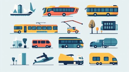 Icons for transport: car, bus, train, ship, plane, and walking. Includes public, travel, and delivery transport icons. Vector illustration. 