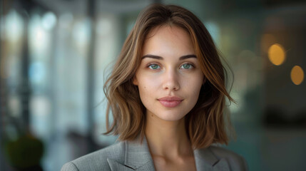 Beautiful brunette female face model with natural skin wearing nice elegance business style clothes with office background