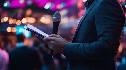 Journalist at a media event or press conference, taking notes and holding a microphone. Concept of broadcast journalism. 