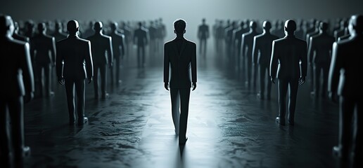 A man walks alone in a dark hallway, surrounded by a crowd of faceless figures. The scene is mysterious and evokes feelings of isolation and uncertainty.