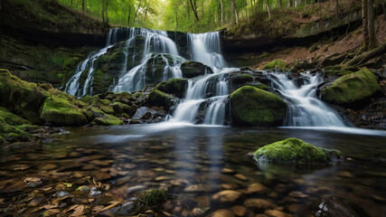 Fototapeta premium background view of a waterfall in the middle of a beautiful forest