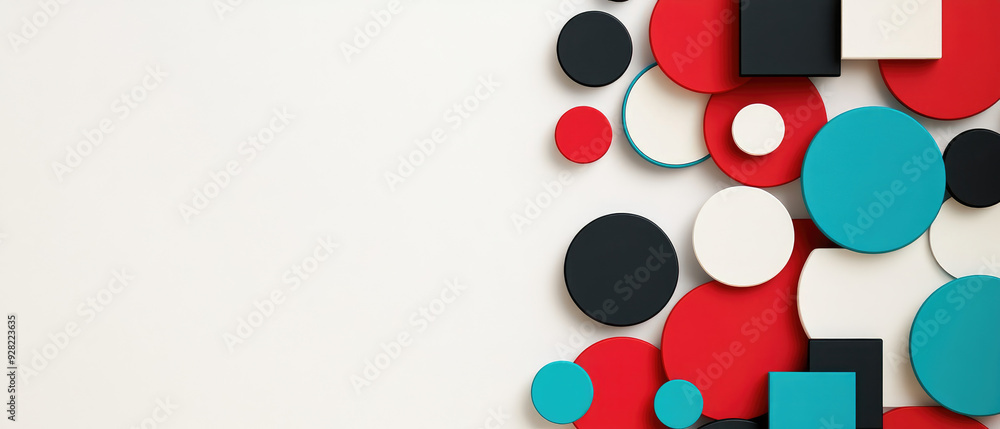 Poster vibrant geometric arrangement of circles and squares in various colors on a neutral backdrop creatin