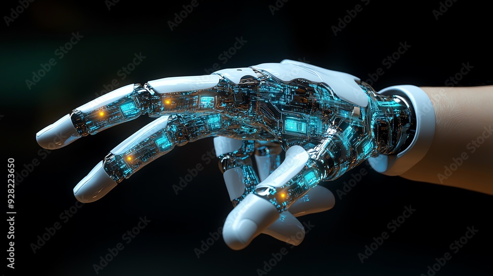 Poster robotic hand with glowing blue circuits.