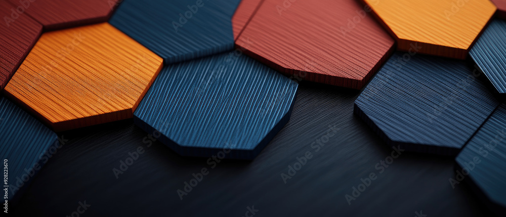 Poster textured hexagonal tiles in rich hues of orange, red, and blue arranged artfully, creating a dynamic