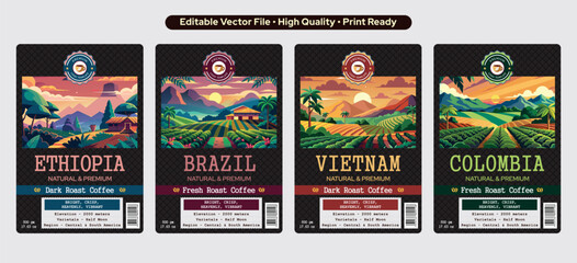 Premium Ethiopian Coffee label design in dark black theme Brazil Coffee Set Sticker Design and Vietnam Coffee Label Template Design, Colombia Coffee Label design, Vector Editable Template Download