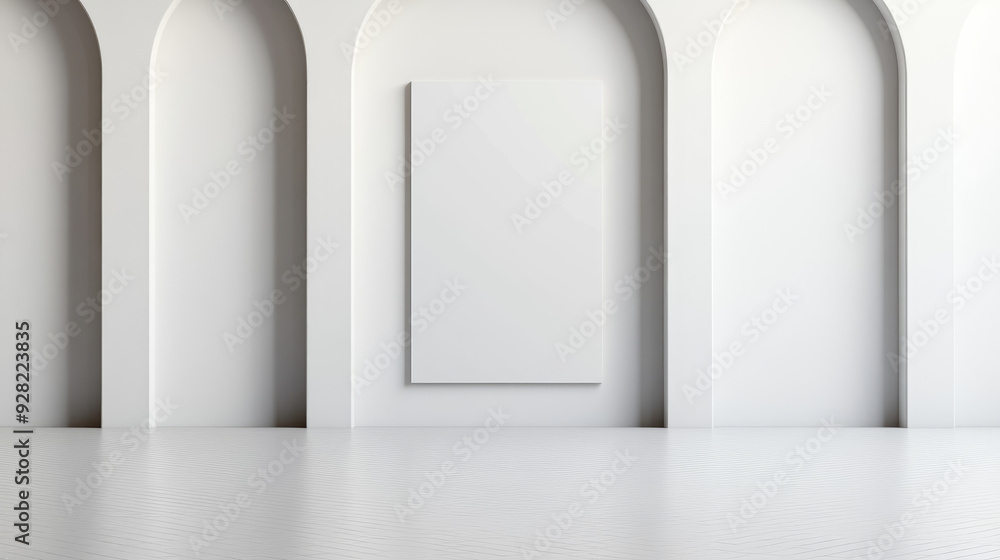 Poster minimalist art gallery, an empty gallery space with pristine white walls and smooth wooden flooring,