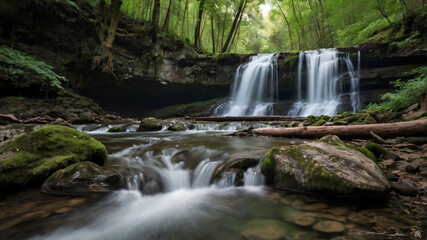 background view of a waterfall in the middle of a beautiful forest