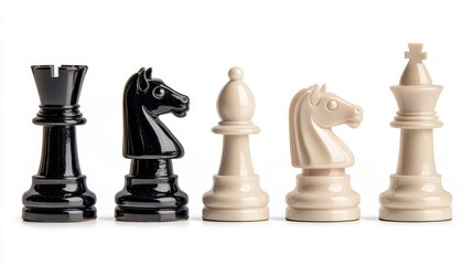 Close-up of black and white chess pieces, featuring rook, knight, bishop, and king, symbolizing strategy and intellectual games.