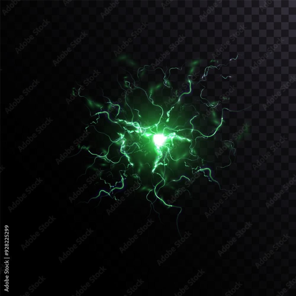 Poster explosion of quantum light energy with flying sparks and light green lightning, lightning background
