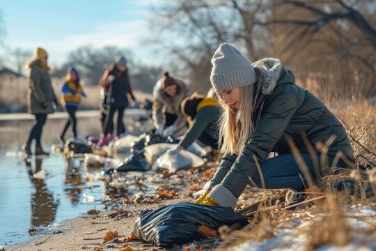 Woman leads volunteers cleaning plastic garbage on reservoir shore in environmental cleanup