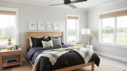 Fototapeta premium Modern Bedroom Design with Wood Accents, Neutral Color Palette