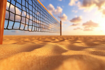 Fototapeta premium Desert volleyball court at sunset, golden sand dunes stretch beneath a taut net, warm hues paint the sky, inviting a game beneath the gentle evening light.