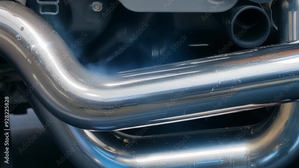 Poster shiny chrome exhaust system of a vehicle showing the curves and bends of the pipes. the light reflec