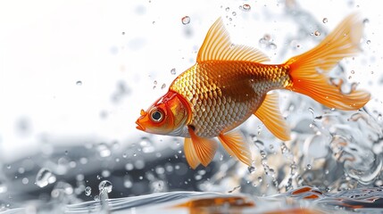 Rainbow trout jumping out of water with splashes on white background