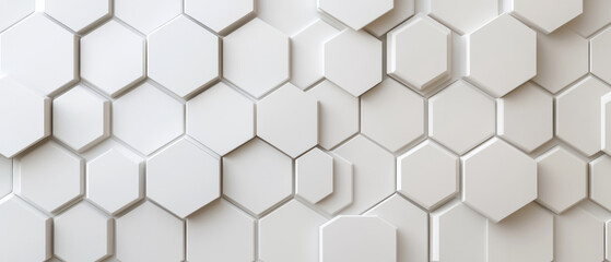 Modern hexagonal wall design, minimalist aesthetic, interlocking white tiles creating a three-dimensional effect, ideal for contemporary interiors and architectural applications