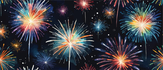 Fototapeta premium Fireworks in night sky pattern background watercolor style3