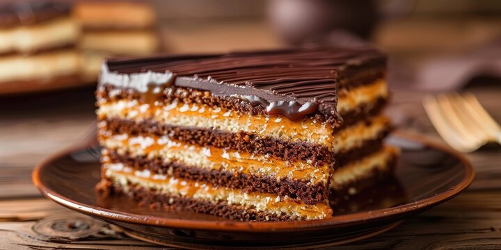 Classic Hungarian Dobos Torte Layers of Moist Sponge Cake and Creamy Buttercream Glazed with Caramel and Rich Dark Chocolate