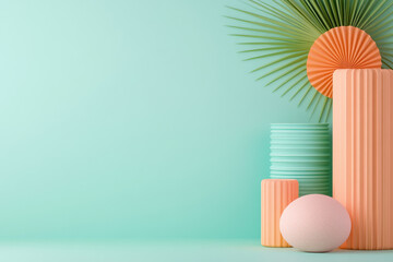 Fototapeta premium Geometric Harmony, a serene arrangement of pastel shapes and textures against a mint backdrop, showcasing a fusion of modern design and natural elements.