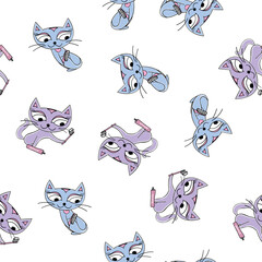 Seamless pattern with cute cats uses toothbrush and paste. Cute animal take care of oral cavity. Domestic cats, adorable kittens, hand drawn wallpaper template.