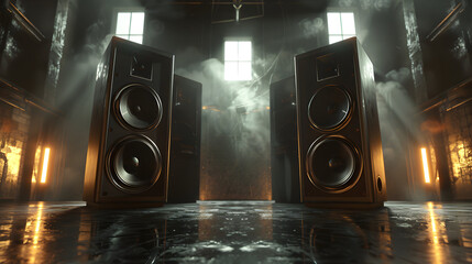 Powerful speaker system in a dark industrial space.