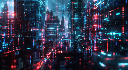 Fototapeta premium A futuristic cityscape with neon lights in blue and red house against a dark background. Concept of technology and cyberpunk urban landscape