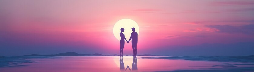 Fototapeta premium A tilted angle view of an intimate sunset scene, two silhouettes holding hands, minimalist design with soft pastel colors, evoking romance and serenity, digital illustration