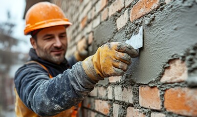 Bricklayer worker installing brick masonry on exterior wall with trowel putty knife, Generative AI