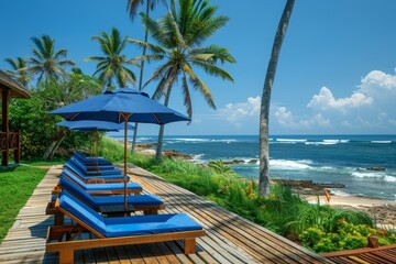 Obraz premium Wide Angle of Lawn Chairs and Blue Loungers on Deck at Outdoor Resort in Sri Lanka with Sea View