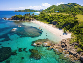 Fototapeta premium Eyecatching Aerial view of beach and sea with coconut palm tree