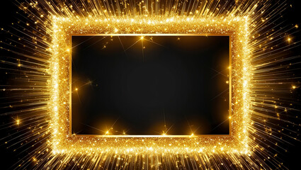 Golden glitter square frame background, golden sparkle rectangle frame on black background