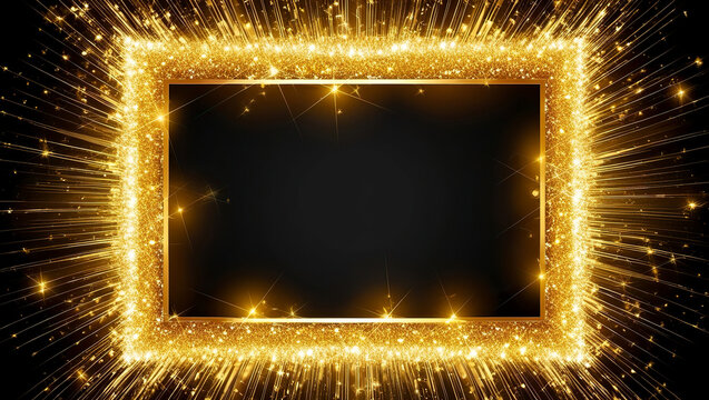 Golden glitter square frame background, golden sparkle rectangle frame on black background