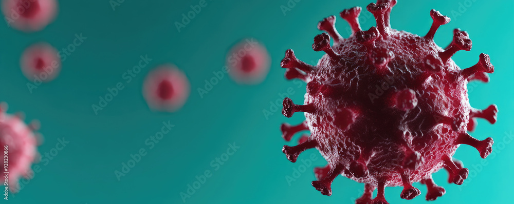 Poster microscopic view of a virus, depicting the intricate structures of its surface, highlighting its red