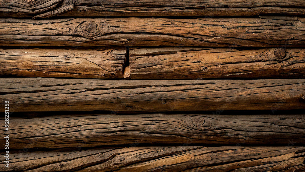 Wall mural wood log textured wall background, wall made of grunge brown dwood logs, tree bark wall pattern, clo