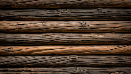 Fototapeta premium Wood log textured wall background, Wall made of grunge brown dwood logs, Tree bark wall pattern, Close up of wooden log wall